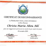شهادة تقدير دولية لكريستا ماريا أبو عقل من الفيدرالية العالمية للسلام