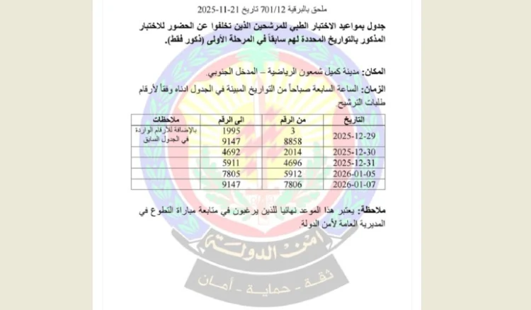 أمن الدولة تحدّد مواعيد الاختبار الطبي للمرشّحين المتخلّفين عن الحضور